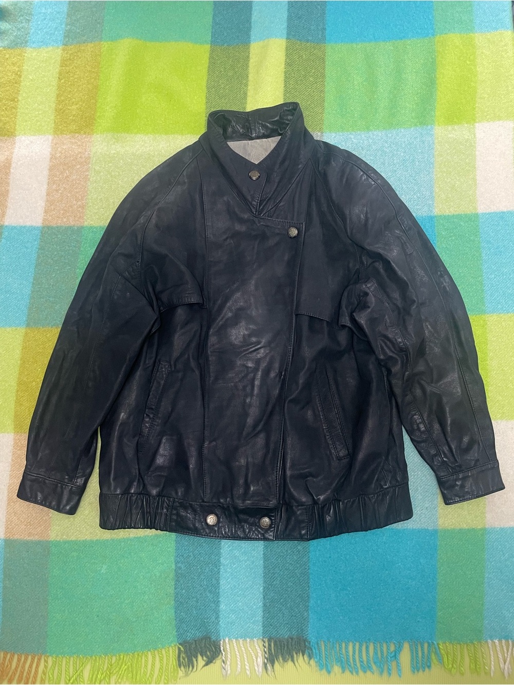 Vintage Express Leather Jacket Black Moto Biker Shoulder Pads